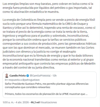El jefe de Estado habló sobre los precios de las energías renovables en el mercado bursatil - crédito @petrogustavo/X