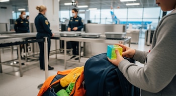 Un niño sostiene un cubo de gel sensorial, junto a una mochila y juguetes, en un control de seguridad de aeropuerto con agentes, bandejas y un avión.