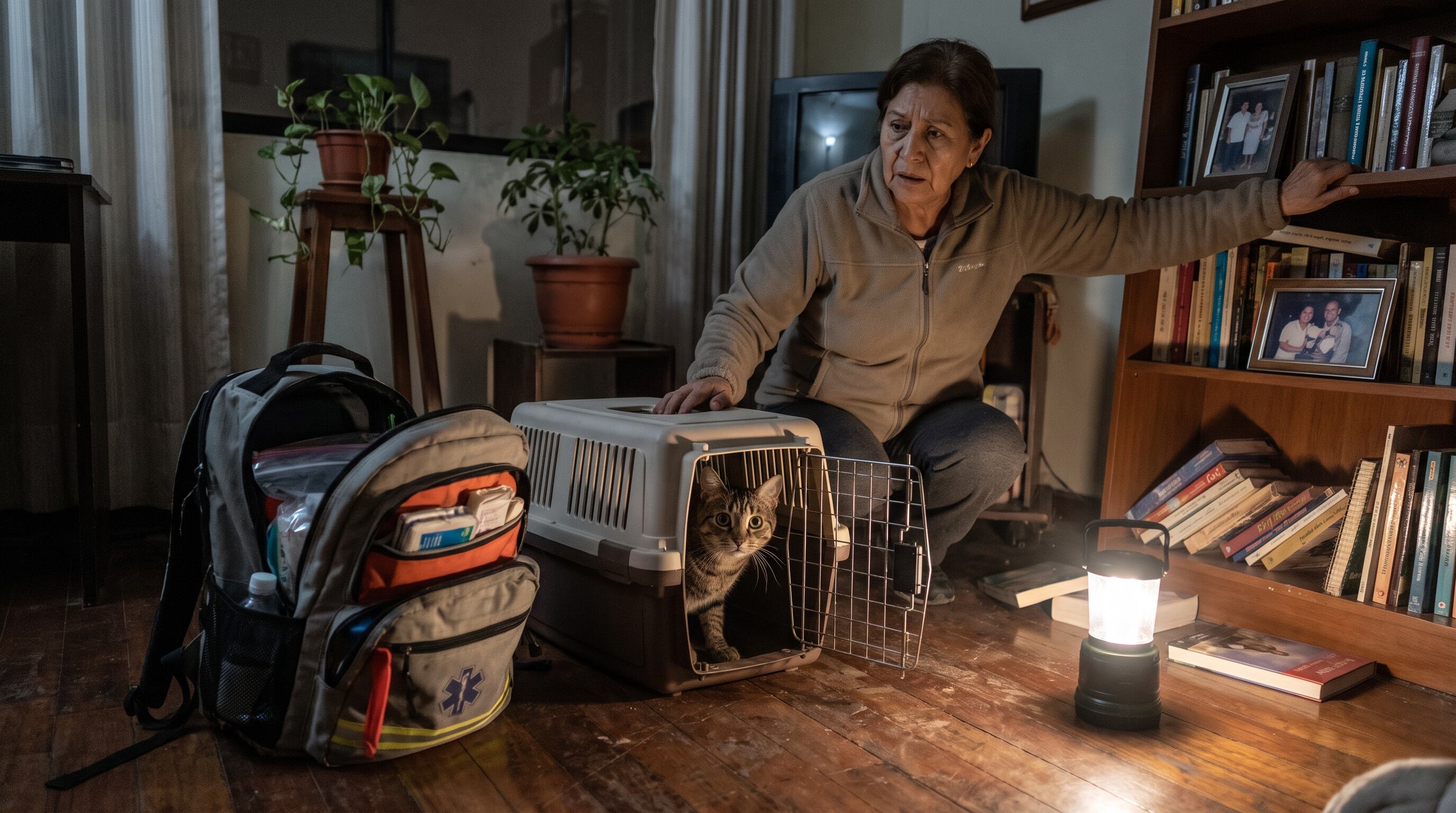 Una mujer organiza el transportín de su gato y una mochila de emergencia mientras una linterna ilumina la habitación. (Imagen Ilustrativa Infobae)