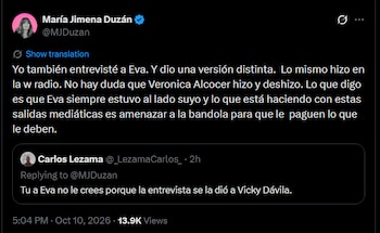 La periodista sostuvo, en una publicación en X, que Ferrer habría recurrido a sus apariciones mediáticas para presionar a personas con las que tendría cuentas pendientes por cobrar - crédito @MJDuzan/X