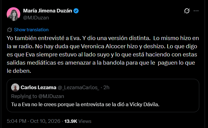 La periodista sostuvo, en una publicación en X, que Ferrer habría recurrido a sus apariciones mediáticas para presionar a personas con las que tendría cuentas pendientes por cobrar - crédito @MJDuzan/X