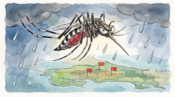 Ilustración de un mosquito gigante bajo la lluvia volando sobre un mapa de Costa Rica con banderas rojas en Puntarenas y San José.