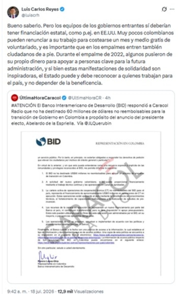 Esa fue la reacción por parte del exdirector de la Dian, Luis Carlos Reyes - crédito @luiscrh/X