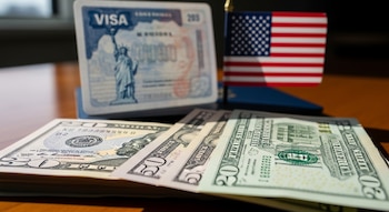 Primer plano de billetes de cincuenta y veinte dólares sobre una mesa de madera. Al fondo, una tarjeta de visa estadounidense y una pequeña bandera de EE.UU. están desenfocadas.