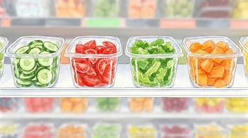 Ilustración estilo acuarela de envases con pepino, tomate, lechuga y melón naranja precortados en un estante de supermercado. Colores brillantes y líneas finas.