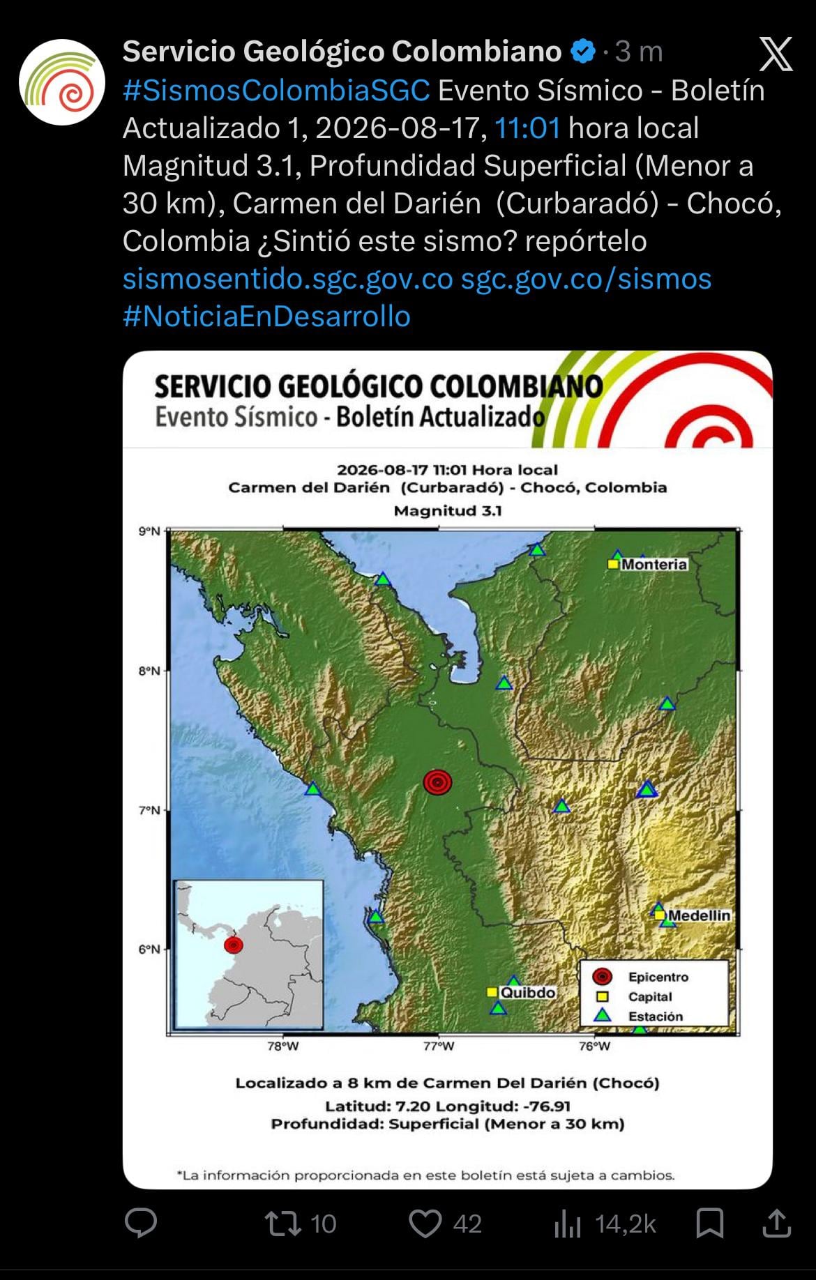 Se registró un nuevo sismo en Carmen del Darién - crédito @sgcol/X