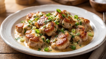 Plato blanco rústico con mollejas doradas y cremosas, cubiertas con salsa de cebolla de verdeo y cebolla verde picada, sobre una superficie de madera.