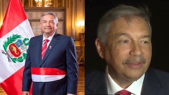 Mosaico con dos retratos de Alberto Beingolea: uno con traje formal, banda presidencial y bandera de Perú, y otro en primer plano con traje oscuro