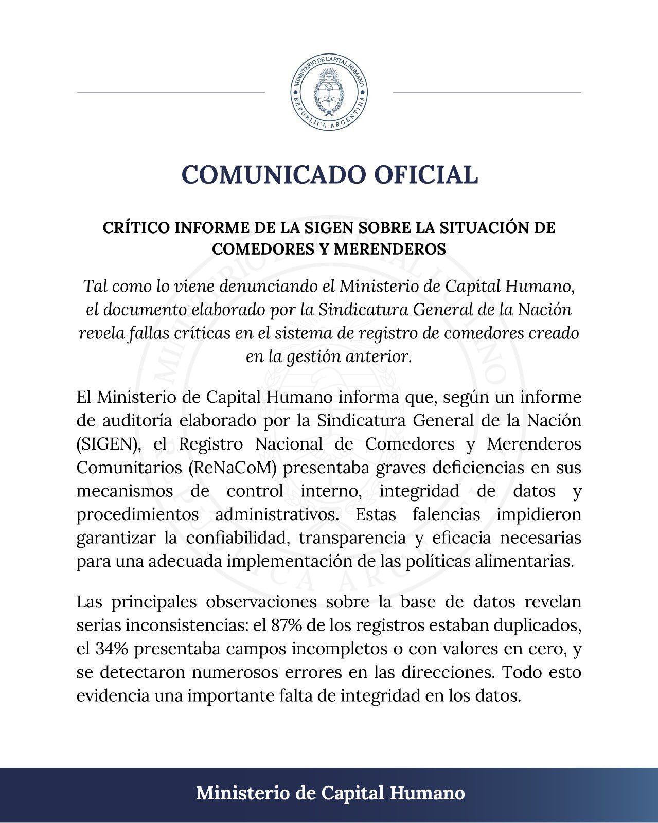 Crítico informe de la SIGEN sobre la situación de comedores y merenderos durante la gestión anterior