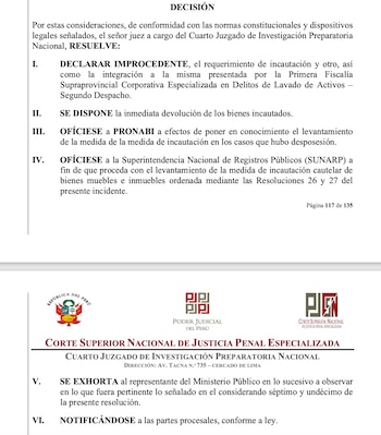 Documento oficial del Poder Judicial de Perú con fragmentos de la resolución escrita y los logotipos institucionales en la parte inferior