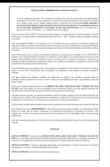 La Agencia Nacional de Tierras declaró hábiles el sábado 27 de junio, el lunes festivo 29 de junio y el sábado 4 de julio para acelerar su gestión contractual - crédito ANT