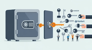 Ilustración de una caja fuerte digital abierta por una llave naranja. Múltiples llaves flotan alrededor y son sostenidas por manos y pequeñas figuras.