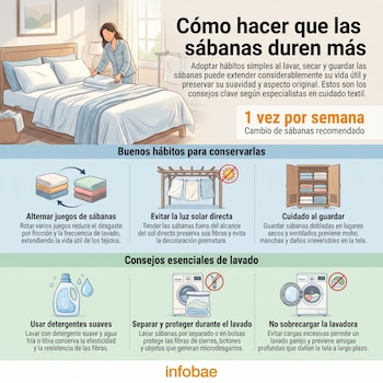 Infografía con una mujer haciendo la cama y diversas ilustraciones sobre el lavado, secado y almacenamiento de sábanas para prolongar su vida útil.