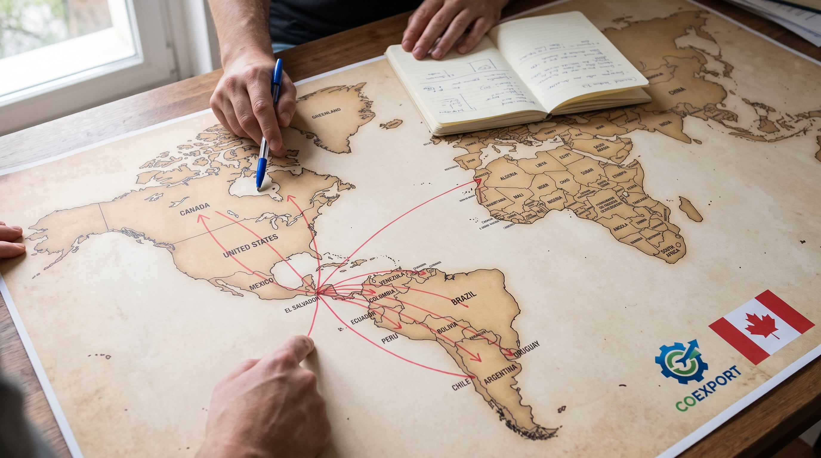 Un mapa mundial con el logo de COEXPORT muestra las rutas comerciales de El Salvador que conectan con Canadá, Marruecos y diversas naciones de Sudamérica, analizadas por dos manos. (Imagen Ilustrativa Infobae)