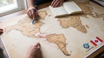 Mapa mundial sobre una mesa con rutas comerciales en rojo, dos manos, un bolígrafo azul, una libreta abierta, el logo de COEXPORT y la bandera de Canadá.