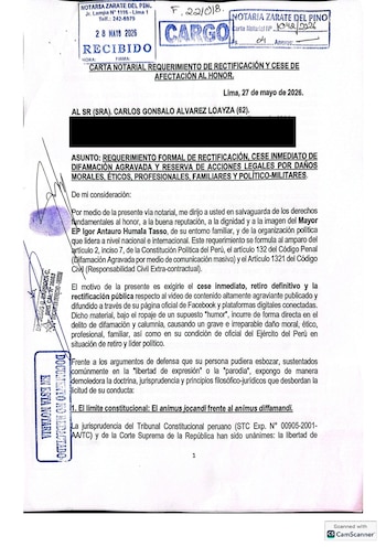 Carta notarial de Antauro Humala a Carlos Álvarez