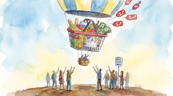 Globo aerostático con cesta de supermercado llena de alimentos, dinero y mesa. Etiquetas de precios en aumento. Personas en el suelo y en una parada de autobús.