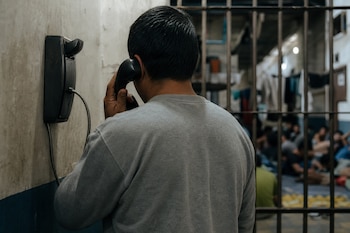 Un hombre de espaldas con suéter gris sostiene el auricular de un teléfono fijado a la pared en un recinto con barrotes.