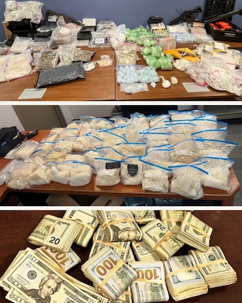 Parte de las drogas y el efectivo asegurado a la red criminal. Crédito: X - @HSTaskForce