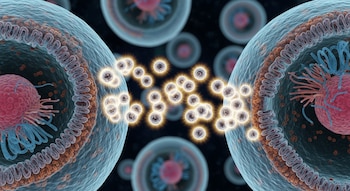 Ilustración digital a color de dos células humanas grandes, claras y rosadas, conectadas por muchas partículas brillantes en un fondo oscuro. Se ven detalles internos.