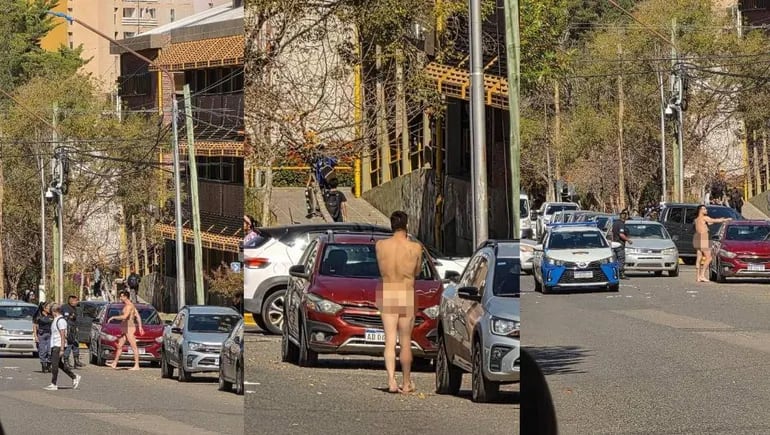 El hombre se sentó desnudo sobre el capot de su auto en la esquina de Santa Fe y Pinar