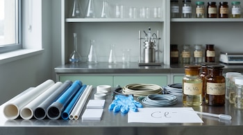 Tubos de PVC, tarjetas, guantes, cables, frascos de vidrio con líquido, etiquetas con fórmulas, una hoja con el símbolo Cl- y una pipeta sobre una mesa de laboratorio.