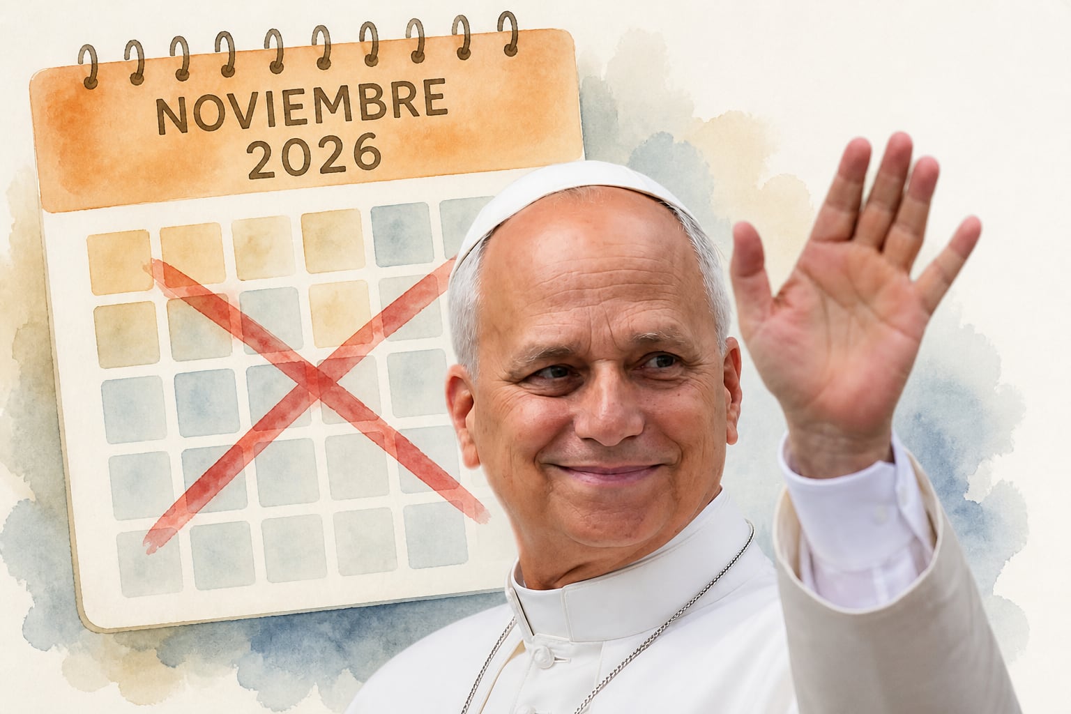 Un calendario del mes de noviembre de 2026 tachado con una cruz roja aparece detrás de un papa que saluda con la mano. (Imagen Ilustrativa Infobae)
