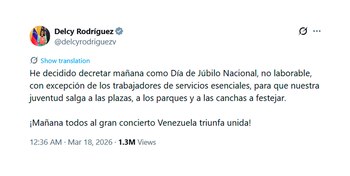 Captura de pantalla de un tuit de Delcy Rodríguez (@delcyrodriguezv) con su foto de perfil, anunciando un Día de Júbilo Nacional para el 18 de marzo de 2026