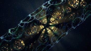 Estructura tubular porosa de color verde oscuro rodeada de diminutas partículas doradas brillantes sobre un fondo azul oscuro.