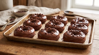 Ocho donas de chocolate glaseadas con virutas sobre una bandeja metálica en una mesa de madera con cucharas y un tazón.