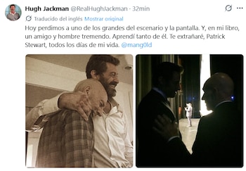 Captura de pantalla de una publicación en X con un mensaje de Hugh Jackman y dos fotografías donde aparece junto a Patrick Stewart