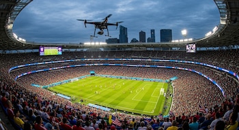 Un dron negro con cuatro hélices vuela sobre un estadio de fútbol verde lleno de espectadores, con rascacielos al fondo y un cielo nublado.