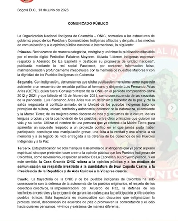 La organización advirtió que las noticias falsas en el contexto electoral buscan manipular la imagen de los pueblos indígenas para legitimar proyectos políticos - crédito Onic/Instagram