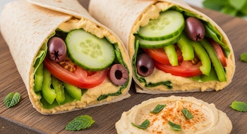 Dos wraps con tortillas de harina, hummus, hojas verdes, rodajas de pepino, rodajas de tomate, tiras de pimiento verde y aceitunas, junto a un recipiente con hummus.