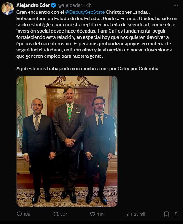 Alcalde de Cali habló sobre su encuentro con Christopher Landau - crédito @alejoeder/X