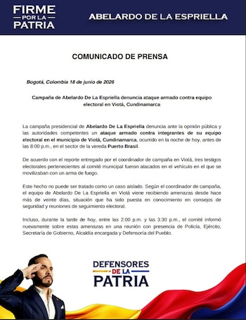 En un comunicado, la campaña de Abelardo de la Espriella aseguró que el ataque no fue un hecho aislado y denunció que sus integrantes en Viotá han recibido amenazas desde hace más de 20 días - crédito Prensa Defensores por la Patria