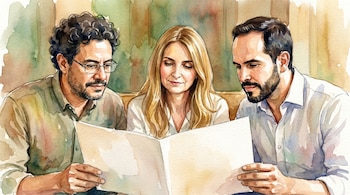Pintura acuarela de tres personas: dos hombres y una mujer rubia, mirando un documento abierto sin texto. La mujer está en el centro, los hombres a sus lados.