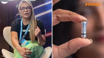 Imagen dividida: a la izquierda, Carolina Taborda sentada; a la derecha, un marcapasos Medtronic Micra diminuto sostenido por dos dedos