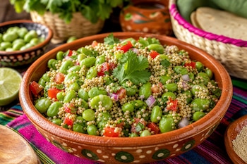 Tazón de barro lleno de habas, amaranto, jitomate picado y cilantro, junto a tortillas y rodajas de limón.
