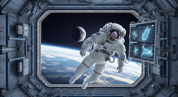 Un astronauta con traje blanco flota dentro de una estación espacial, mirando una pantalla con gráficos. Por la ventana se ven la Tierra y la Luna o Marte.