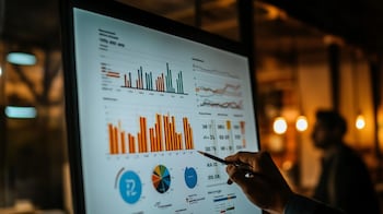 Persona estresada frente a múltiples pantallas con métricas de productividad