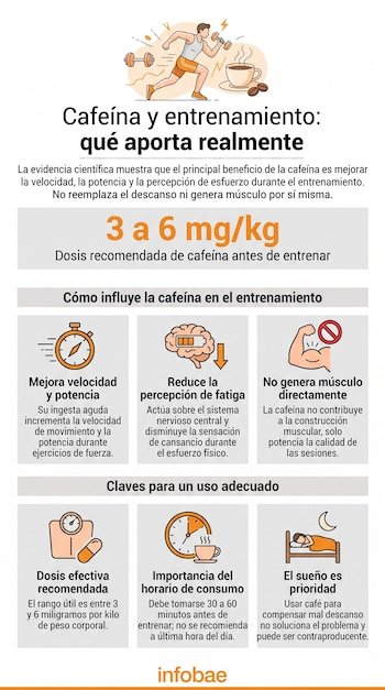 Infografía sobre cafeína y entrenamiento. Ilustraciones de persona con pesas, café, reloj, cerebro, brazo, báscula, reloj y cama. Texto explicativo y logo.