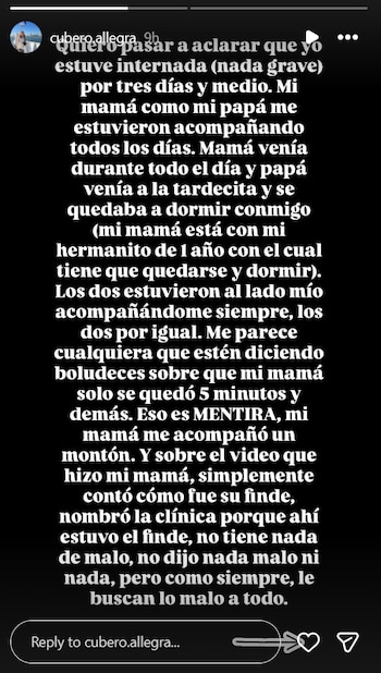 En sus historias, Allegra aseguró que ambos padres estuvieron cuidándola durante el fin de semana
