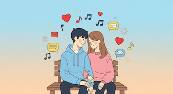 Ilustración plana de un chico y una chica sentados en un banco, mirándose con cariño. Alrededor de ellos flotan corazones, notas musicales y burbujas de texto.