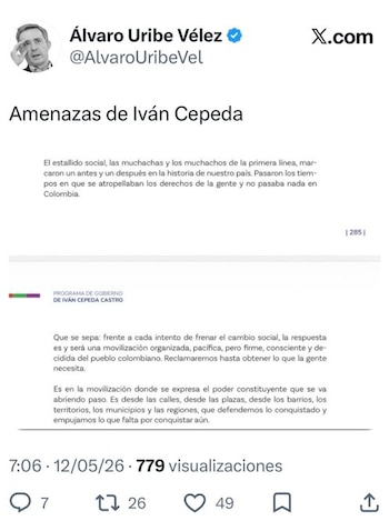 El intercambio entre Iván Cepeda, senador y candidato presidencial, y Álvaro Uribe, exmandatario y líder del Centro Democrático, ha escalado tras declaraciones públicas en redes sociales. La tensión surgió luego de que Uribe respondiera al respaldo manifestado por Cepeda a los movimientos de la Primera Línea durante el estallido social iniciado en 2019 - crédito @AlvaroUriveVel/X