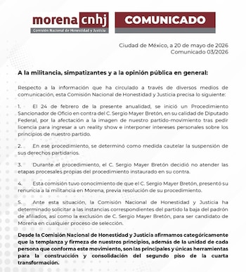 Documento oficial de Morena CNHJ titulado "COMUNICADO" con fecha 20 de mayo de 2026, detallando la exclusión de Sergio Mayer del partido
