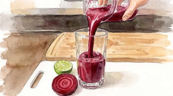 Una mano vierte líquido morado en un vaso transparente junto a una rodaja de remolacha y media lima.