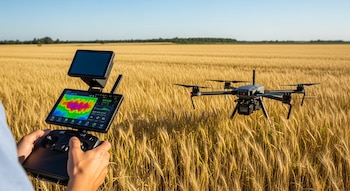 Un especialista sostiene un controlador con doble pantalla que muestra mapas de calor, junto a un dron volando sobre un extenso campo de trigo.