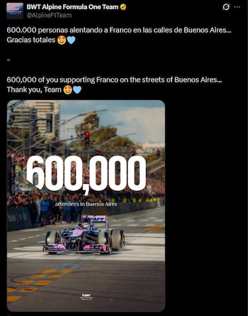 El mensaje de Alpine confirmando la cantidad de personas que vivieron la exhibición de Colapinto