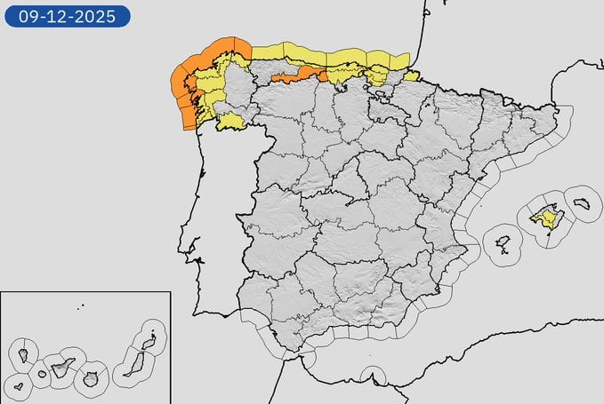 Mapa de avisos por fenómenos meteorológicos adversos para este martes, 9 de diciembre de 2025. (Aemet)